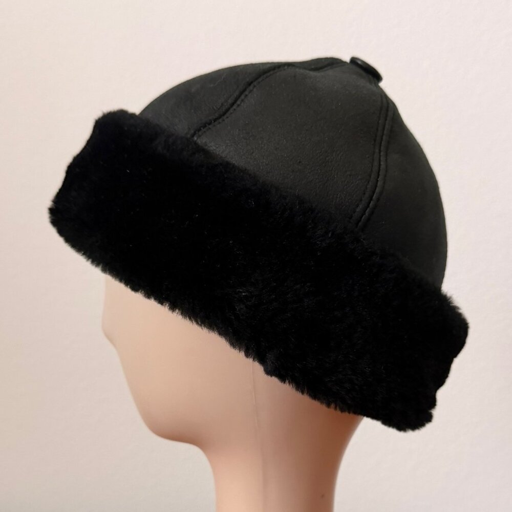 Deri Sitesi Black Leather/Fur Lined Winter Hat Men's Size L